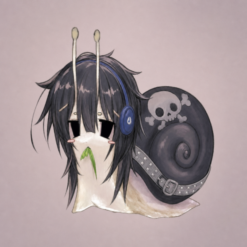 Dark-haired snail girl with skull headphones shell